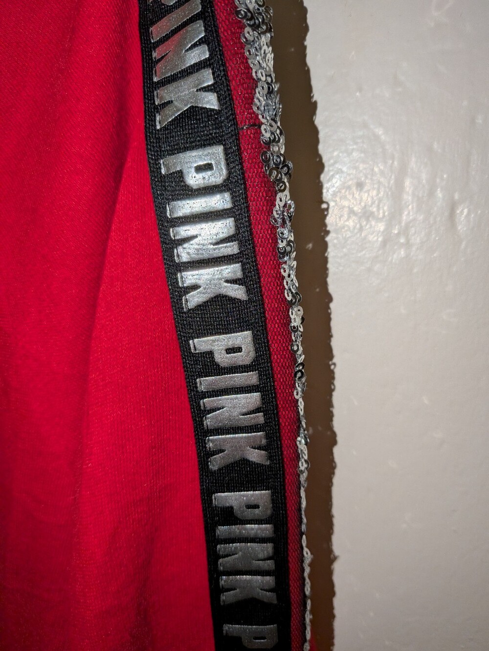 PINK Victoria's Secret Red Sequin-Trim Zip Hoodie with Logo Tape Size L - Picture 4 of 6